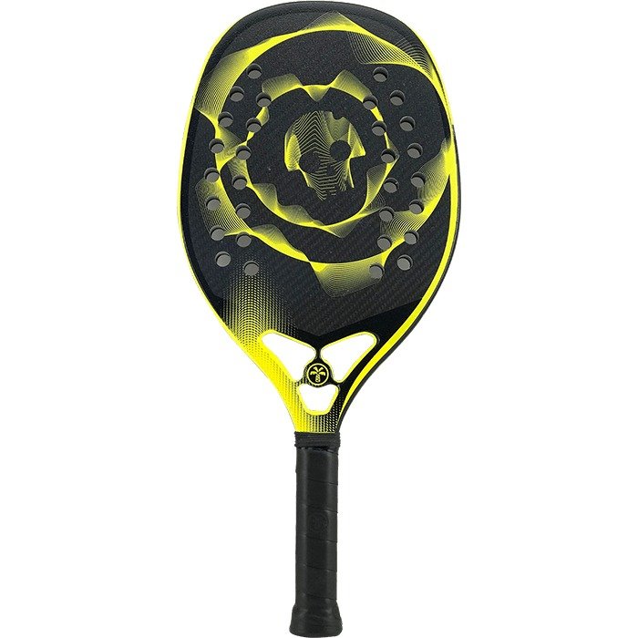 iambeachtennis BT Shop - Turquoise Beach Tennis Brand year 2022 BT paddle. The Racket model is a Turquoise BLACK DEATH 10.3 YELLOW Advanced/Professional Beach Tennis racket - vertical orientation view of the racket/ raquete.