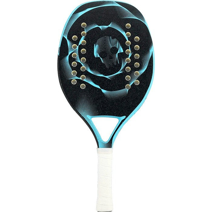 iambeachtennis BT Shop - Turquoise Beach Tennis Brand year 2022 BT paddle. The Racket model is a Turquoise BLACK DEATH TEAM BLUE Beginner Beach Tennis racket - vertical orientation view of the racket/ raquete.