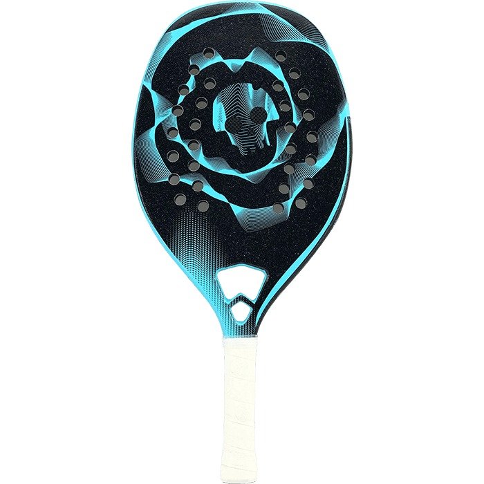 iambeachtennis BT Shop - Turquoise Beach Tennis Brand year 2022 BT paddle. The Racket model is a Turquoise BLACK DEATH CHALLANGE BLUE Beginner/Intermediate Beach Tennis racket - vertical orientation view of the racket/ raquete.