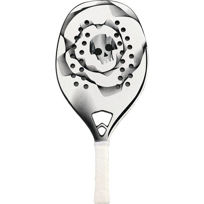 iambeachtennis BT Shop - Turquoise Beach Tennis Brand year 2022 BT paddle. The Racket model is a Turquoise BLACK DEATH CHALLANGE WHITE Beginner/Intermediate Beach Tennis racket - vertical orientation view of the racket/ raquete.