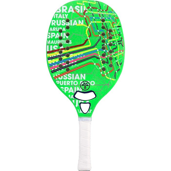 iambeachtennis BT Shop - Turquoise Beach Tennis Brand year 2022 BT paddle. The Racket model is a Turquoise CONCEPT GREEN Beginner Beach Tennis racket - vertical orientation view of the racket/ raquete.