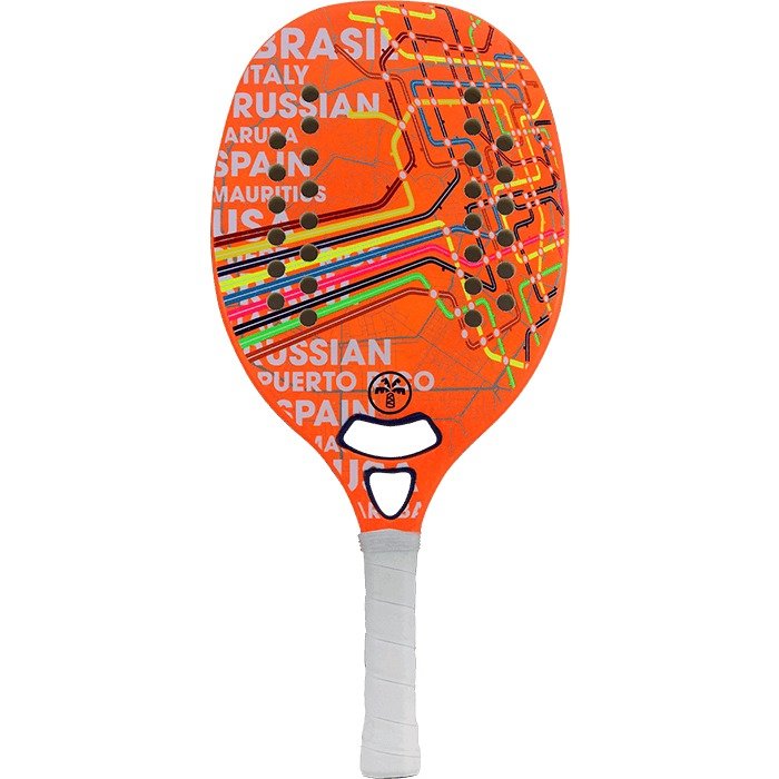 iambeachtennis BT Shop - Turquoise Beach Tennis Brand year 2022 BT paddle. The Racket model is a Turquoise CONCEPT ORANGE Beginner Beach Tennis racket - vertical orientation view of the racket/ raquete.