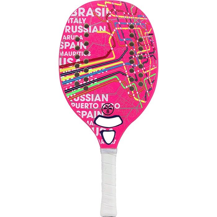 iambeachtennis BT Shop - Turquoise Beach Tennis Brand year 2022 BT paddle. The Racket model is a Turquoise CONCEPT PINK/CORAL Beginner Beach Tennis racket - vertical orientation view of the racket/ raquete.