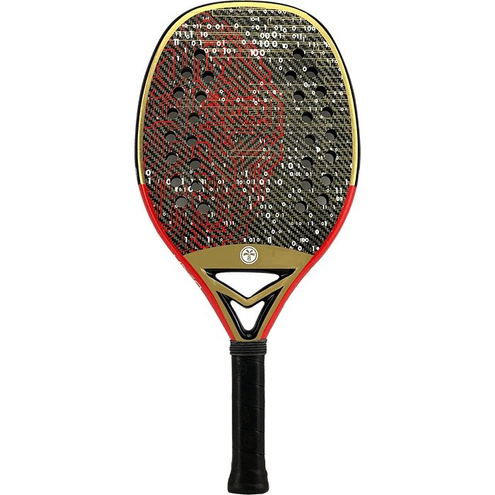 iambeachtennis BT Shop - Turquoise Beach Tennis Brand year 2022 BT paddle. The Racket model is a Turquoise DNA EXTREME 2.2 RED Advanced/Professional Beach Tennis racket - vertical orientation view of the racket/ raquete.