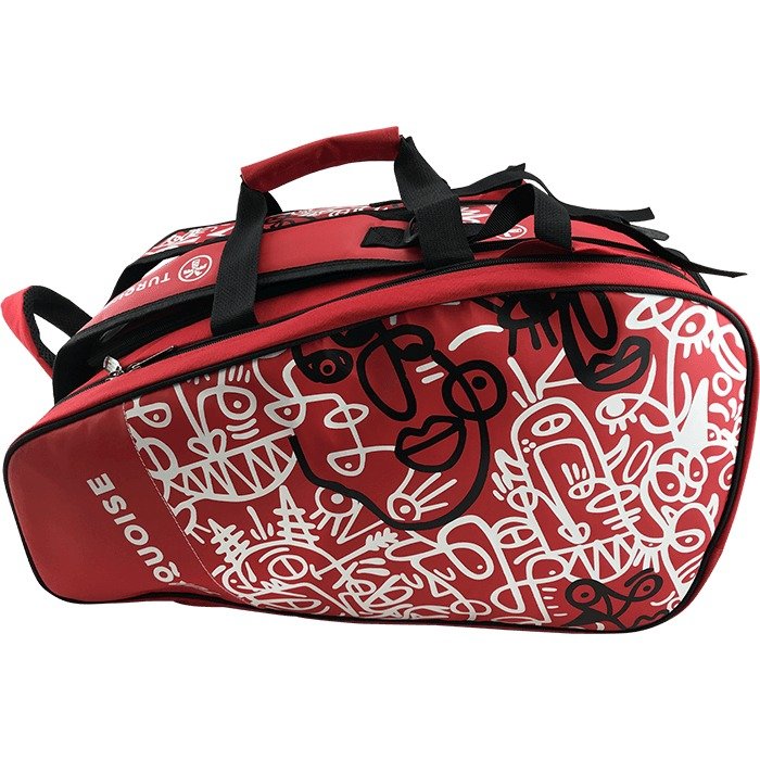 iambeachtennis BT Shop - Turquoise Beach Tennis Brand year 2022 BT paddle Bag. The bag model is a Turquoise ELITE RED Beach Tennis racket duffle bag/back pack.  Side of bag shown.
