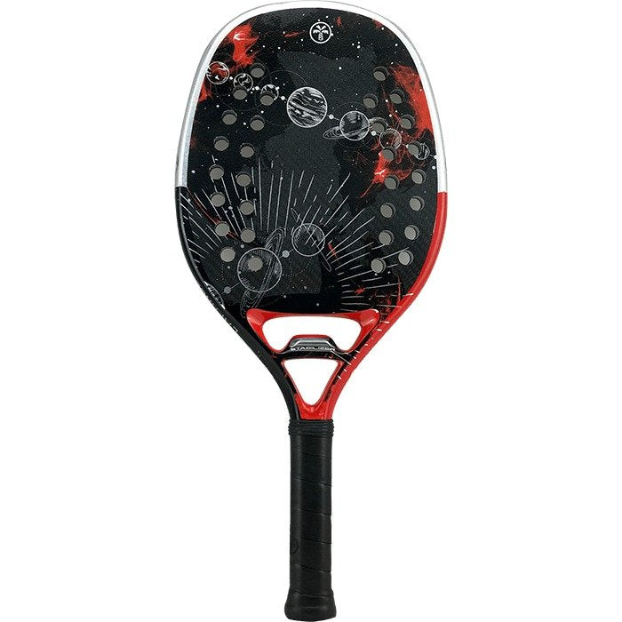 iambeachtennis BT Shop - Turquoise Beach Tennis Brand year 2022 BT paddle. The Racket model is a Turquoise EXPANSE 1.1 RED Advanced/Professional Beach Tennis racket - vertical orientation view of the racket/ raquete.