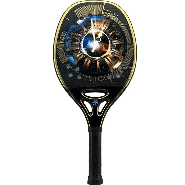 iambeachtennis BT Shop - Turquoise Beach Tennis Brand year 2022 BT paddle. The Racket model is a Turquoise REVOLITION TIME 1.3 BLUE Advanced/Professional Beach Tennis racket - vertical orientation view of the racket/ raquete.