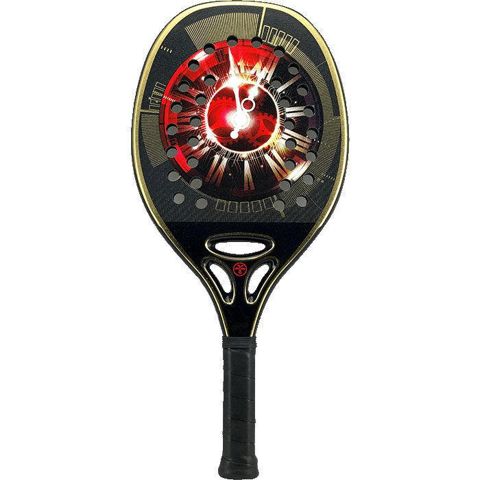 iambeachtennis BT Shop - Turquoise Beach Tennis Brand year 2022 BT paddle. The Racket model is a Turquoise REVOLITION TIME 1.3 RED Advanced/Professional Beach Tennis racket - vertical orientation view of the racket/ raquete.