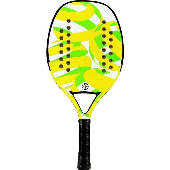 iambeachtennis BT Shop - Turquoise Beach Tennis Brand year 2022 BT paddle. The Racket model is a Turquoise SLAM YELLOW Beginner Beach Tennis racket - vertical orientation view of the racket/ raquete.