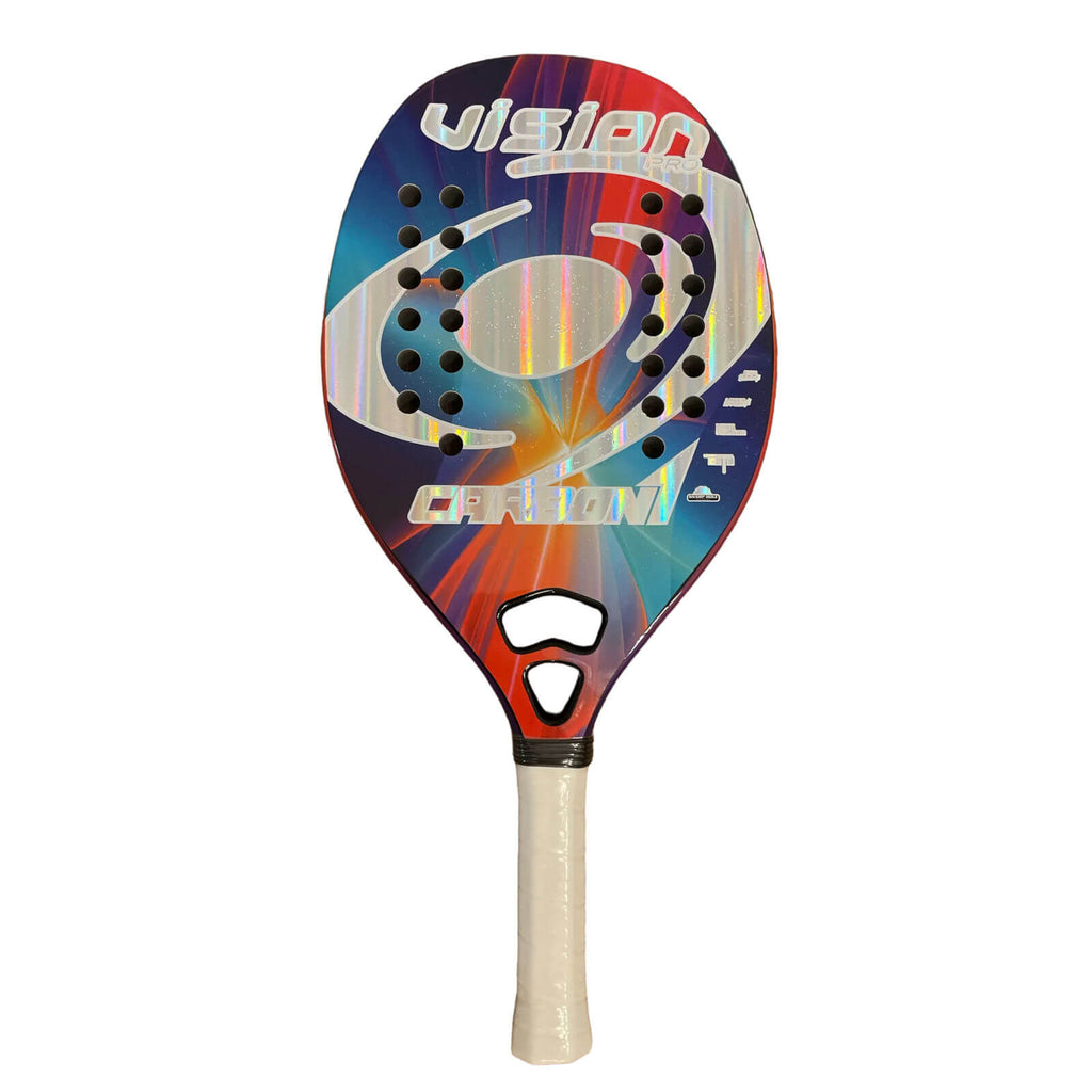 Shop Vision Beach Tennis Rackets, Paddles, Balls and Accessories at  iambeachtennis worldwide miami based boutique depot store - Racket model shown is a 2023 Vision Pro Carbon 1 professional and advanced Beach Tennis Racket.  Raquete is vertical.