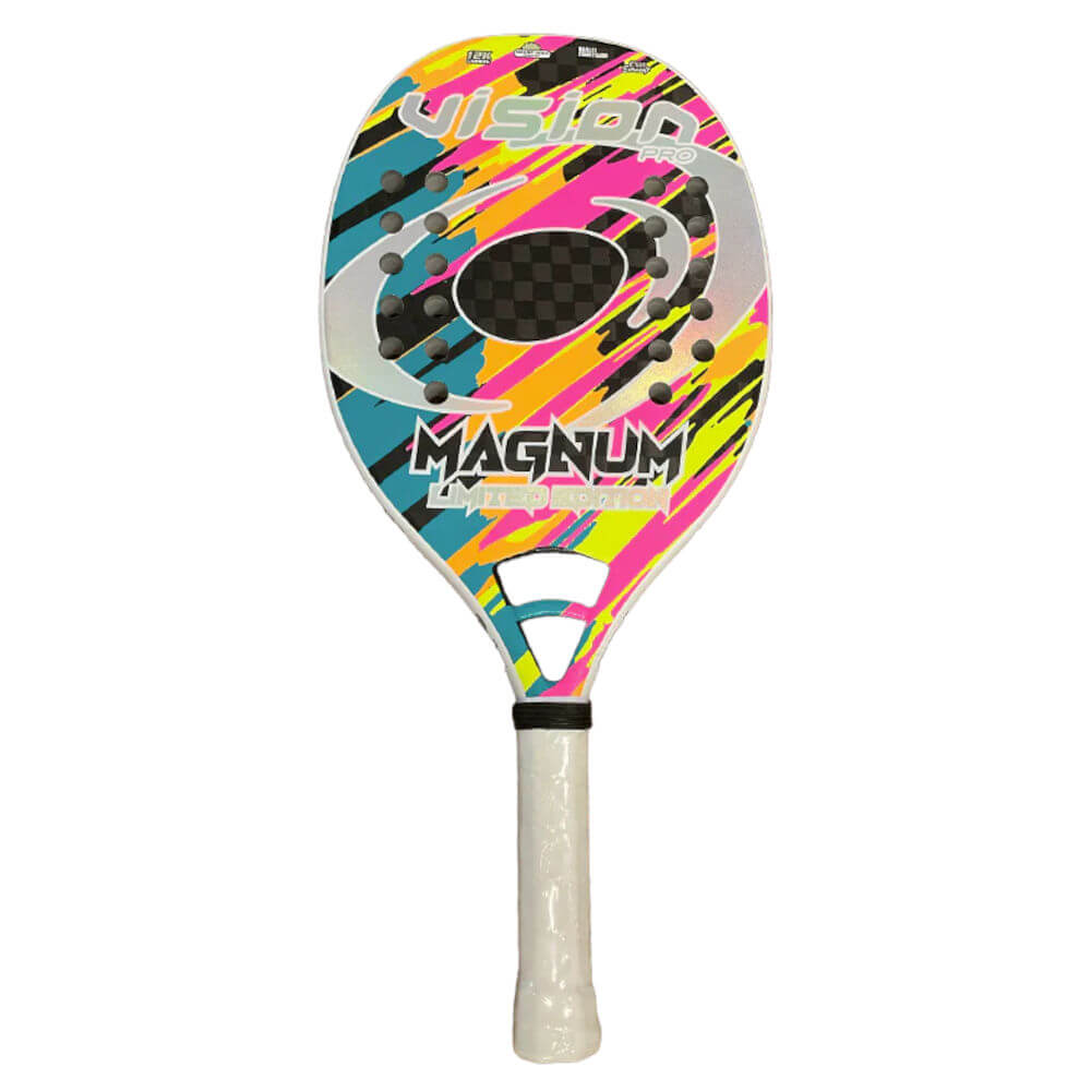 Shop Vision Beach Tennis Rackets, Paddles, Balls and Accessories at  iambeachtennis worldwide miami based boutique depot store - Racket model shown is a 2023 Vision Pro MAGNUM LIMITED EDITION professional and advanced Beach Tennis Racket.  Raquete is vertical.