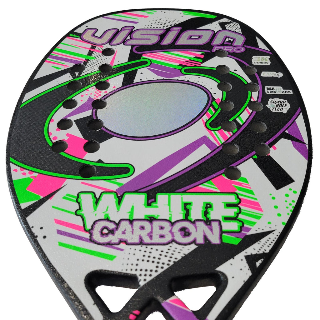 i am beach tennis Shop - Vision Beach Tennis Brand year 2022 BT paddle. The Racket model is a Vision White Carbon 2022 Advanced/Professional Beach Tennis racket - Face view of the racket/ raquete. 