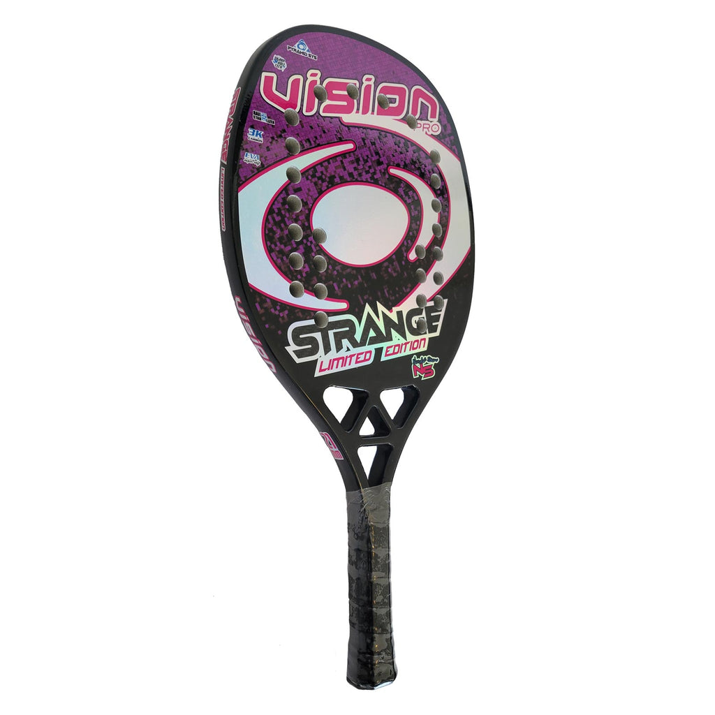 i am Beach Tennis store - Vision Beach Tennis Paddle, year 2022. The racquet model is a Vision Strange Limited Edition Advanced/Professional beach tennis racket / raquete.  Side view of the racket / raquet.