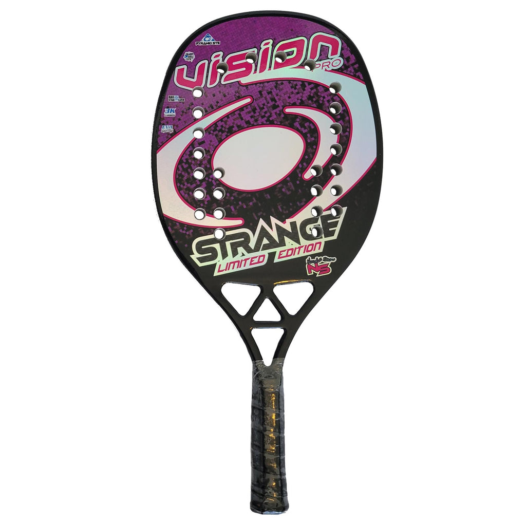 i am Beach Tennis store - Vision Beach Tennis Paddle, year 2022. The racquet model is a Vision Strange Limited Edition Advanced/Professional beach tennis racket / raquete.  Vertical orientation view of the racket / raquet.