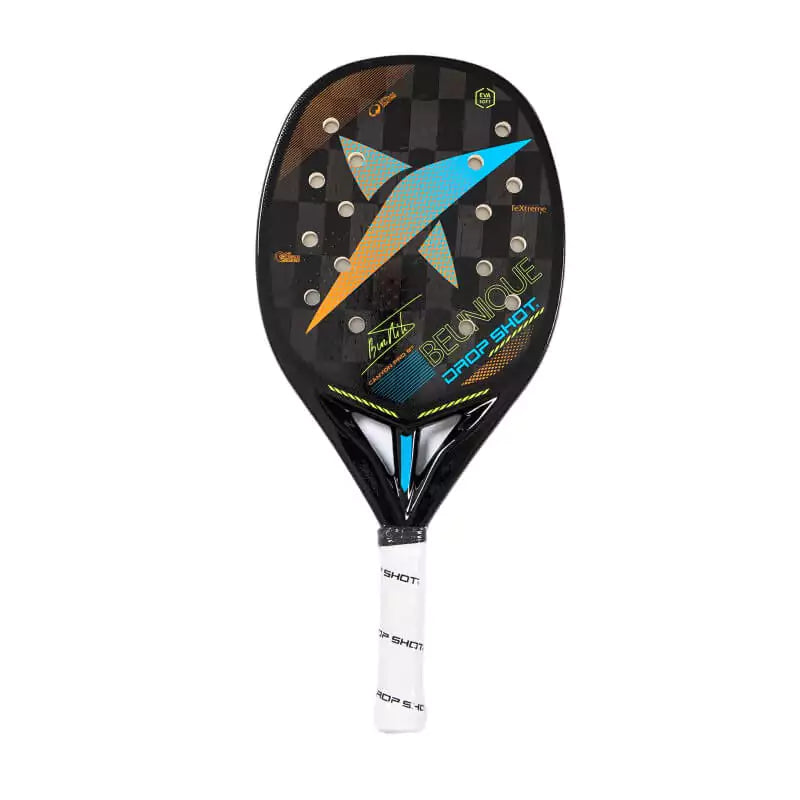iamBeachTennis Miami Shop - Drop Shot Beach Tennis Paddle, year 2023. The racquet model is a Drop Shot CANYON PRO BT Advanced/Professional beach tennis racket / raquete. Vertical view of the racket / raquet.