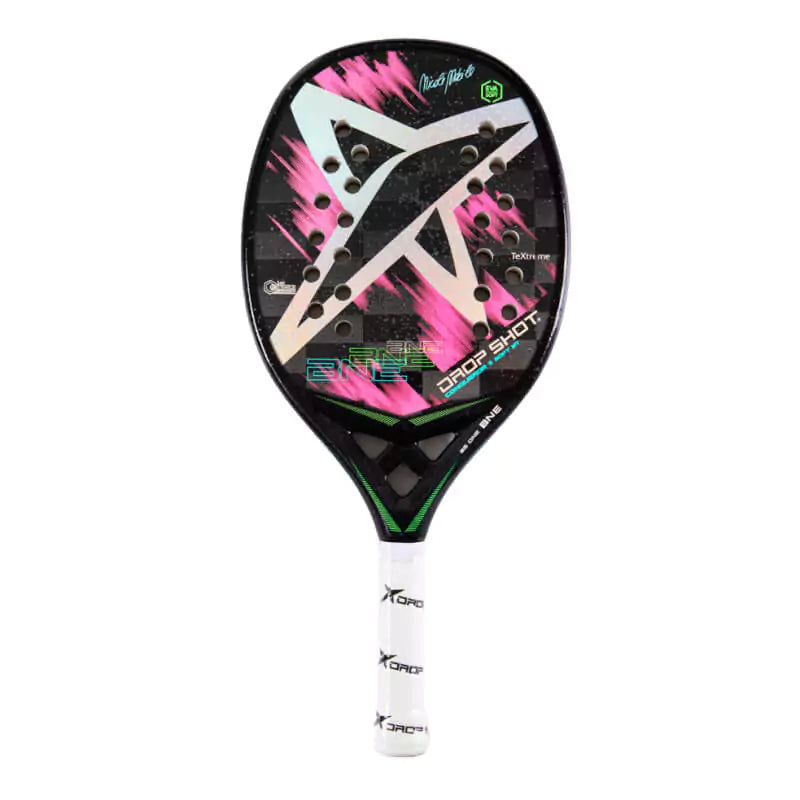 iamBeachTennis Miami Shop - Drop Shot Beach Tennis Paddle, year 2023. The racquet model is a Drop Shot CONQUEROR 11 SOFT BT Advanced/Professional beach tennis racket / raquete. Vertical view of the racket / raquet.
