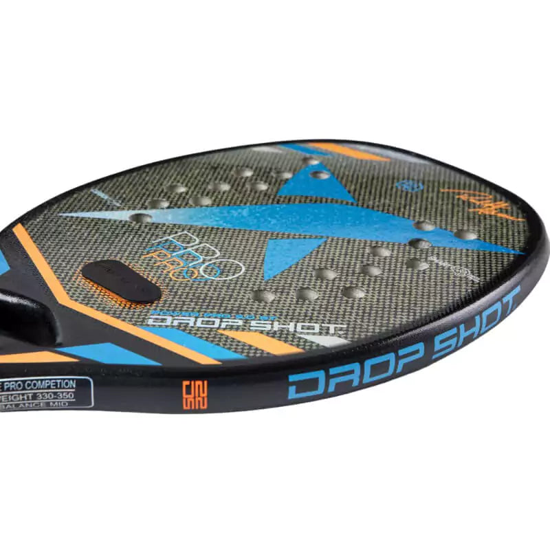 i am Beach Tennis store - Drop Shot Beach Tennis Paddle, year 2023. The racquet model is a Drop Shot POWER PRO 3.0 BT Advanced/Professional beach tennis racket / raquete. Side face view of the racket / raquet.