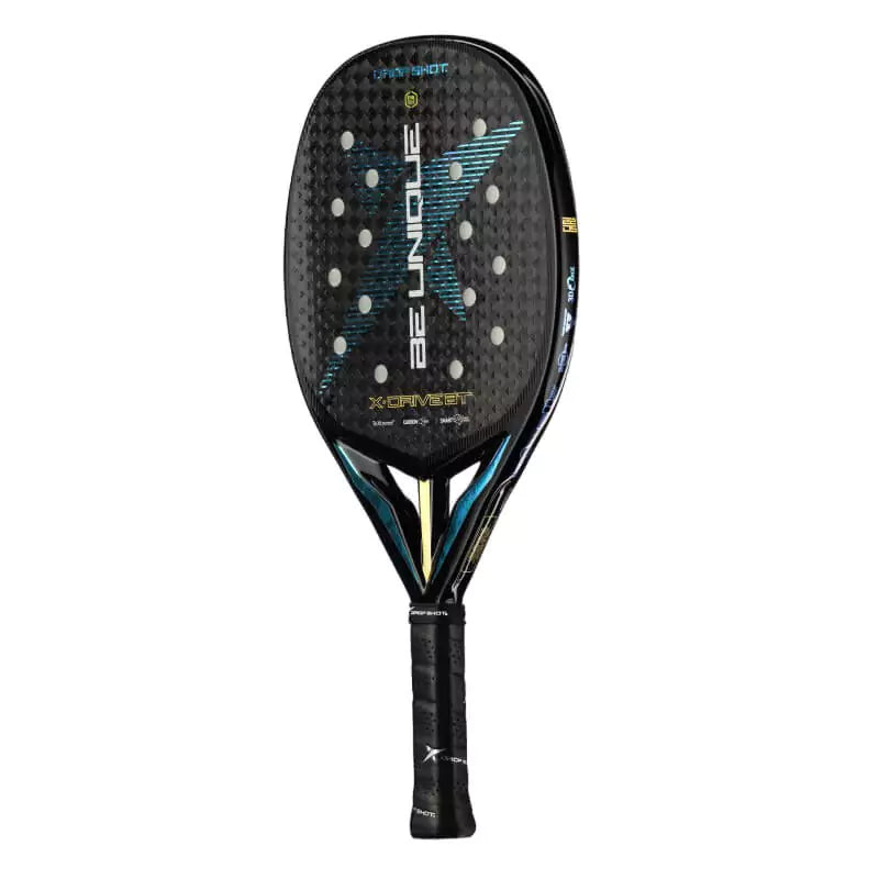 i am Beach Tennis store - Drop Shot Beach Tennis Paddle, year 2023. The racquet model is a Drop Shot X-DRIVE BT Advanced/Professional beach tennis racket / raquete. Side face view of the racket / raquet.