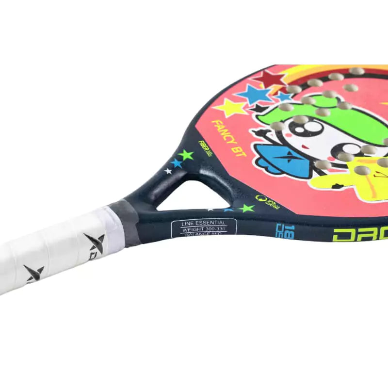 i am Beach Tennis store - Drop Shot Beach Tennis Paddle, year 2023. The racquet model is a Drop Shot FANCY 1.0 Kids Beginner/Intermediate beach tennis racket / raquete. Neck view of the racket / raquet.