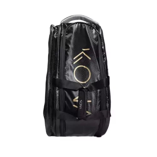 i am beach tennis boutique Store a Division of iamRacketSports - Shop Kona Beach Tennis Brand year 2023 BT paddle/Racket Bags. The Racket bag model is a Kona BLACK and GOLD Beach Tennis racket bag - vertical/standing orientation front view of the racket/ raquete bag.