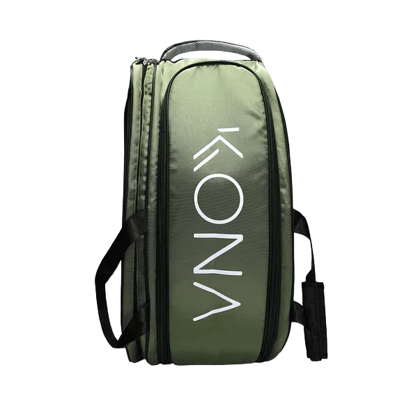i am beach tennis boutique Store a Division of iamRacketSports - Shop Kona Beach Tennis Brand year 2023 BT paddle/Racket Bags. The Racket bag model is a Kona GREEN Beach Tennis racket bag - vertical/standing orientation front view of the racket/ raquete bag.