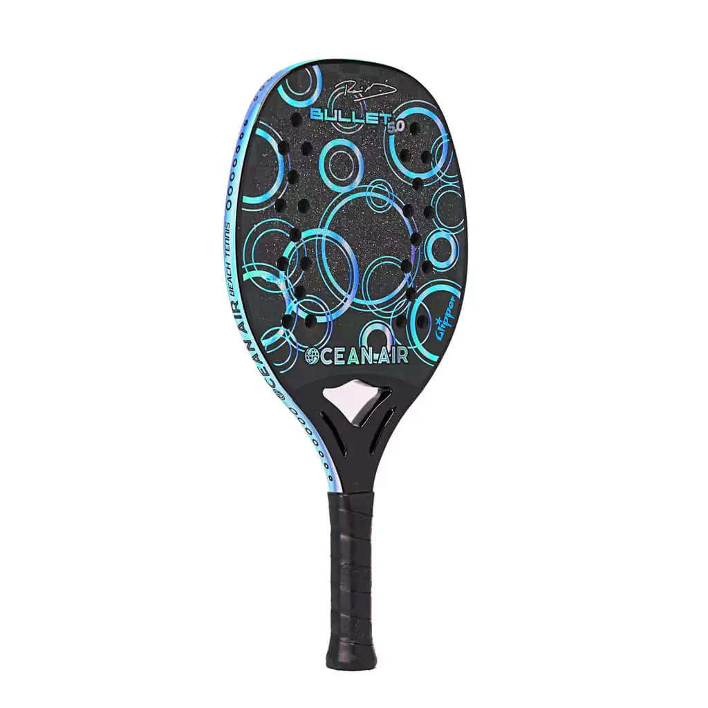 i am Beach Tennis store - Ocean Air Beach Tennis Paddle, year 2023. The racquet model is a Oceanair BULLET 5 with GLIPPER Advanced/Professional beach tennis racket / raquete. Side face view of the racket / raquet.